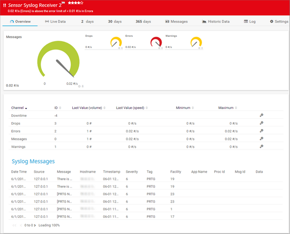 Syslog Receiver Sensor with Error Messages